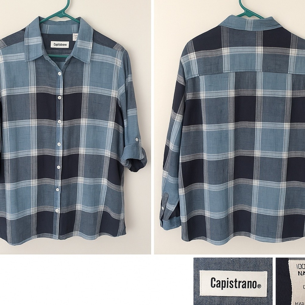 Capistrano Women 2X Blue Plaid Cotton Button Down Shirt‎ Cottagecore Preppy